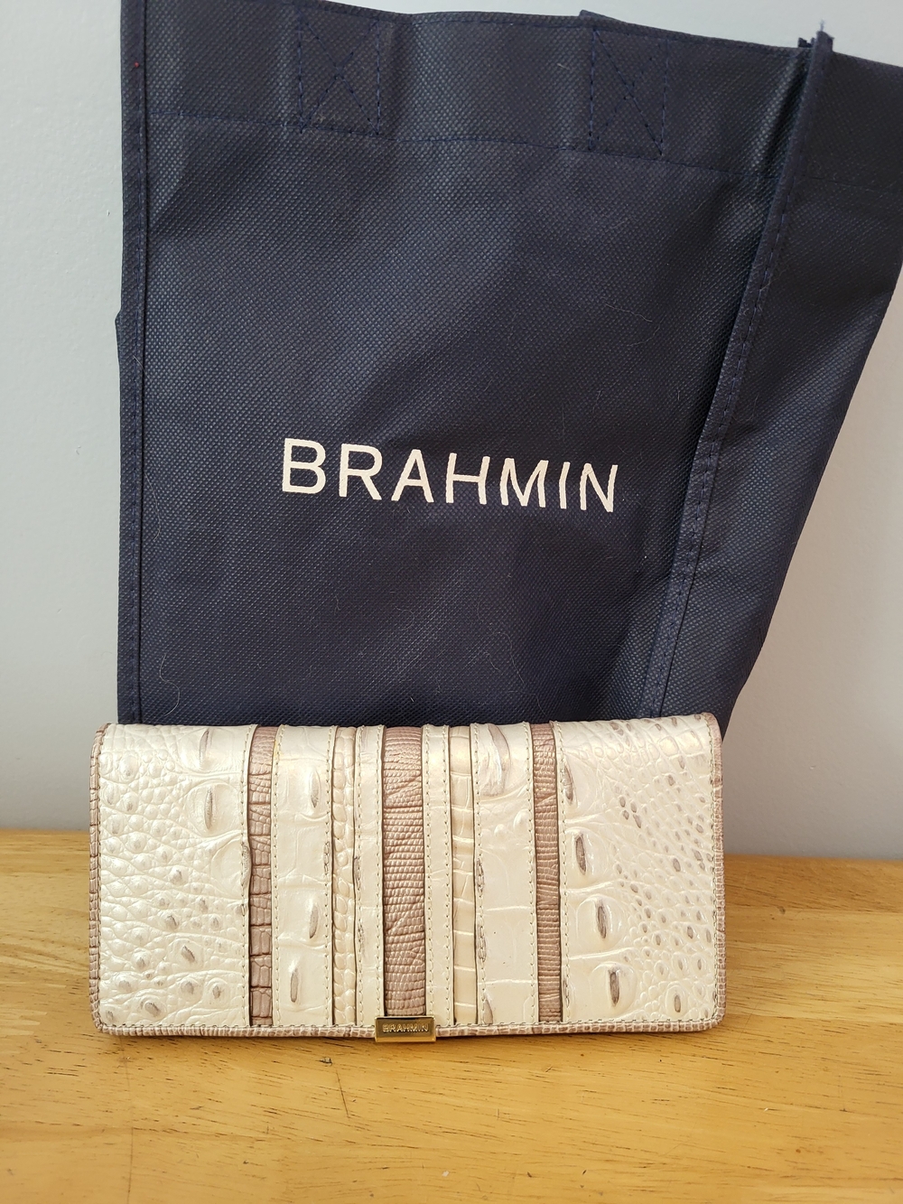 Brahmin Ivory and Tan Croc-Embossed Continental Wallet
